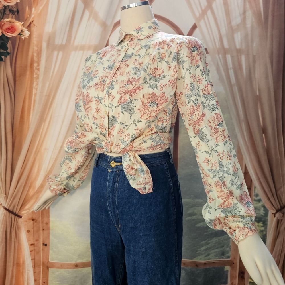 Vintage 1960's Floral Button Down Blouse Orange Label Long Sleeve Top
Cream Blue - Picture 1 of 12
